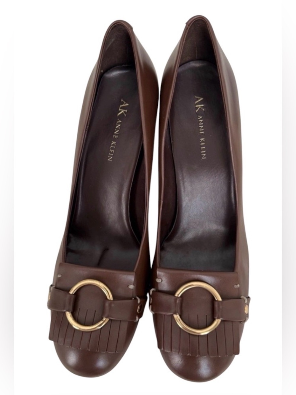 Anne Klein Brown Leather Pumps Size 8.5 Gold Ring Buckle Fringe New Without Box - Picture 4 of 13